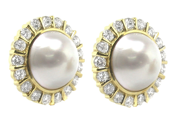 Vintage Mabe Pearl 7.00ct Diamond Gold Earrings