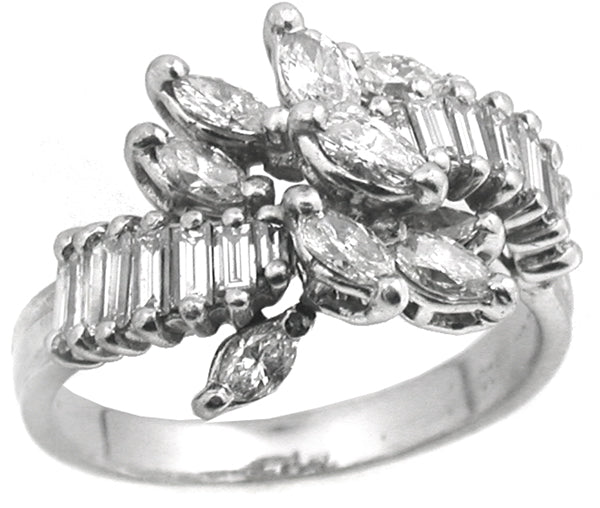 Vintage  Marquise & Baguette Diamond Cluster Platinum Ring