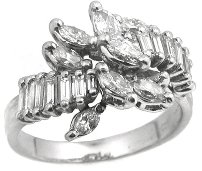 Vintage  Marquise & Baguette Diamond Cluster Platinum Ring