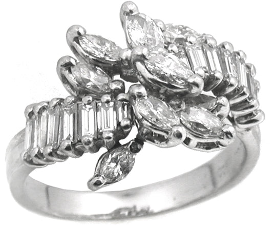 Vintage  Marquise & Baguette Diamond Cluster Platinum Ring