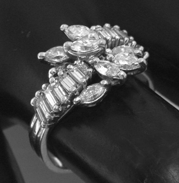 Vintage  Marquise & Baguette Diamond Cluster Platinum Ring