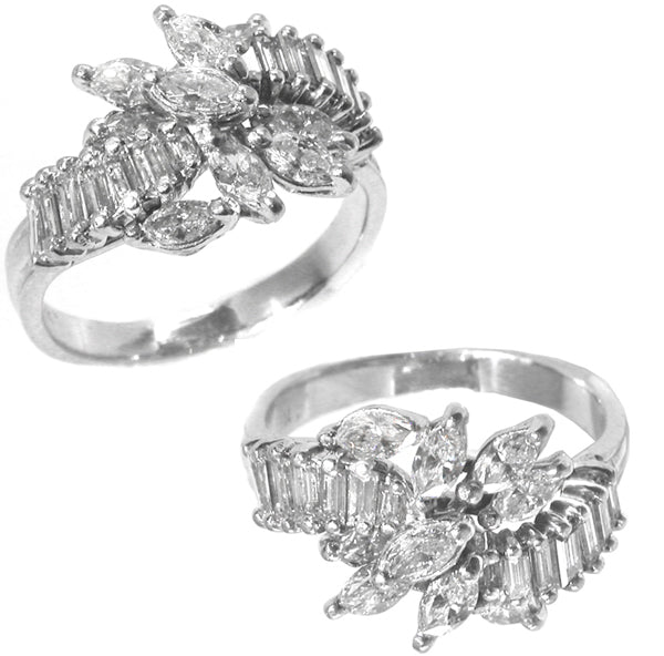 Vintage  Marquise & Baguette Diamond Cluster Platinum Ring