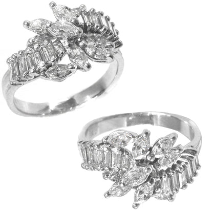 Vintage  Marquise & Baguette Diamond Cluster Platinum Ring