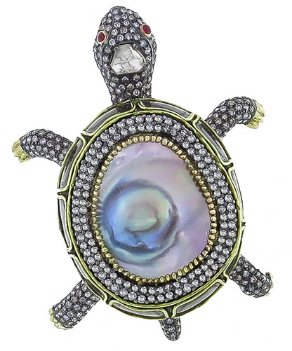Vintage Mother of Pearl 7.00ct Diamond Turtle Pin