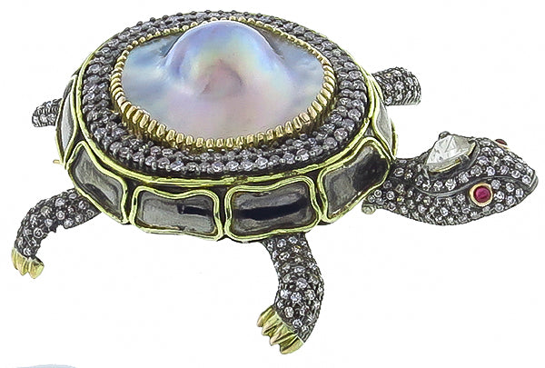 Vintage Mother of Pearl 7.00ct Diamond Turtle Pin