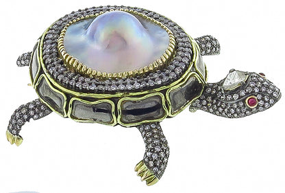 Vintage Mother of Pearl 7.00ct Diamond Turtle Pin