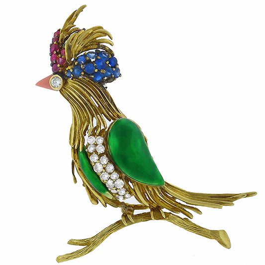 Vintage Multi Precious Stone Coral Enamel  Bird  Pin