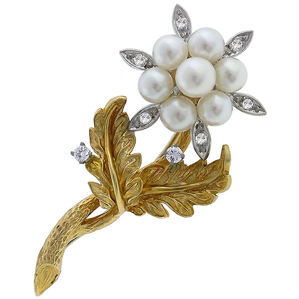 Vintage Pearl 0.25ct Diamond Gold Pin
