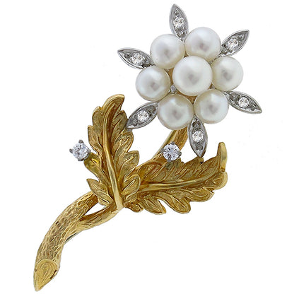 Vintage Pearl 0.25ct Diamond Gold Pin