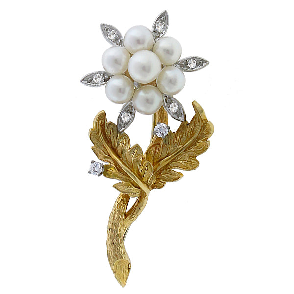 Vintage Pearl 0.25ct Diamond Gold Pin