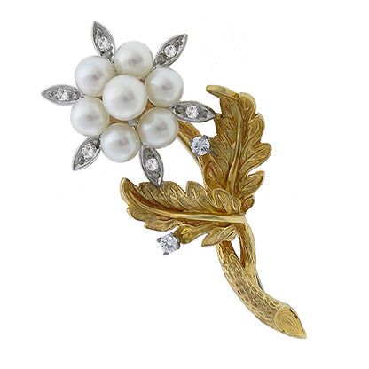 Vintage Pearl 0.25ct Diamond Gold Pin
