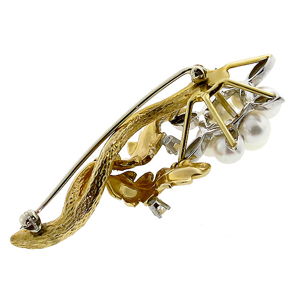 Vintage Pearl 0.25ct Diamond Gold Pin