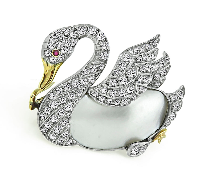 Vintage Diamond Swan Brooch