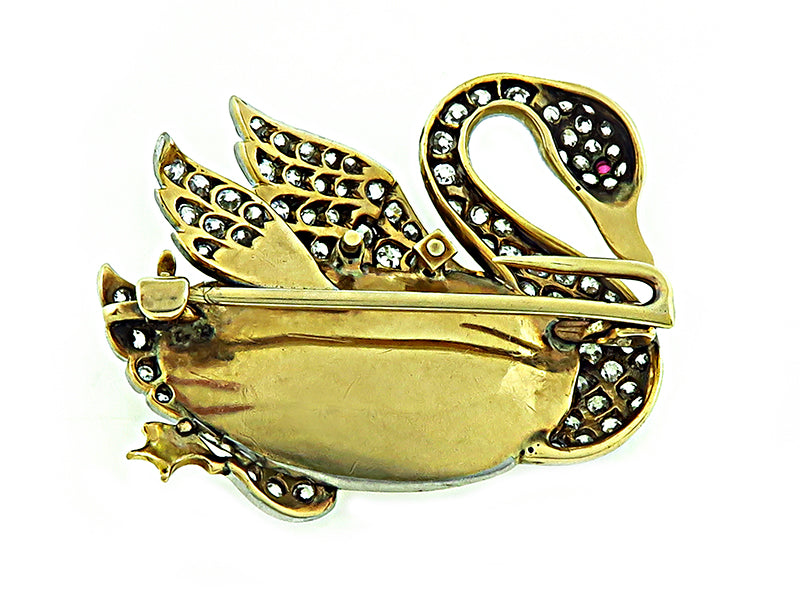 Vintage Diamond Swan Brooch Back
