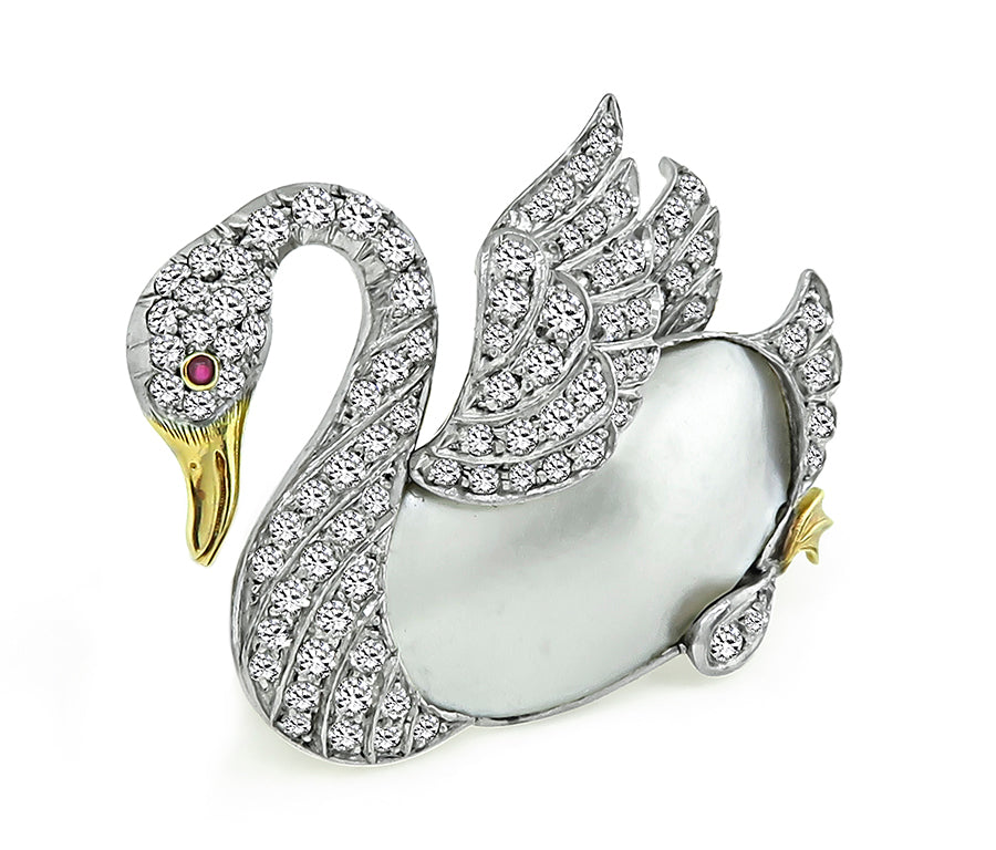Vintage Mother-of-Pearl 1.50ct Diamond Swan Pin
