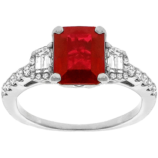 2.04ct Emerald Cut Burma Ruby Trapezoid Round Cut Diamond 18k White Gold Ring