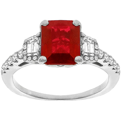 2.04ct Emerald Cut Burma Ruby Trapezoid Round Cut Diamond 18k White Gold Ring