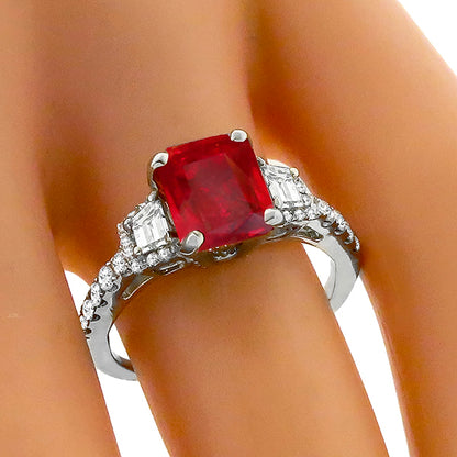 2.04ct Emerald Cut Burma Ruby Trapezoid Round Cut Diamond 18k White Gold Ring