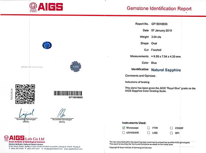 Estate AIGS Certified 3.04ct Sapphire 0.72ct Diamond Engagement Ring