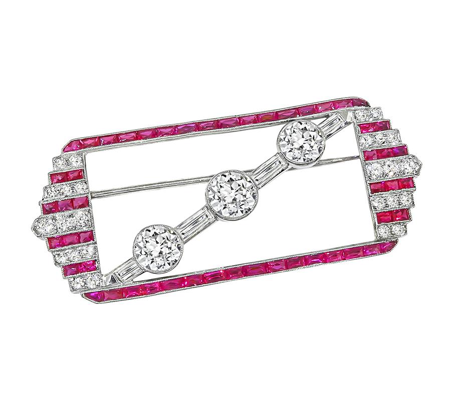 Art Deco 3.70ct Diamond 1.50ct French Cut Ruby Platinum Pin