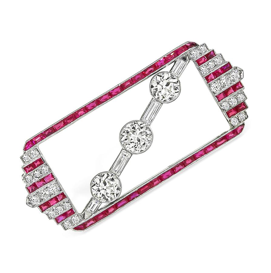 Art Deco 3.70ct Diamond 1.50ct French Cut Ruby Platinum Pin