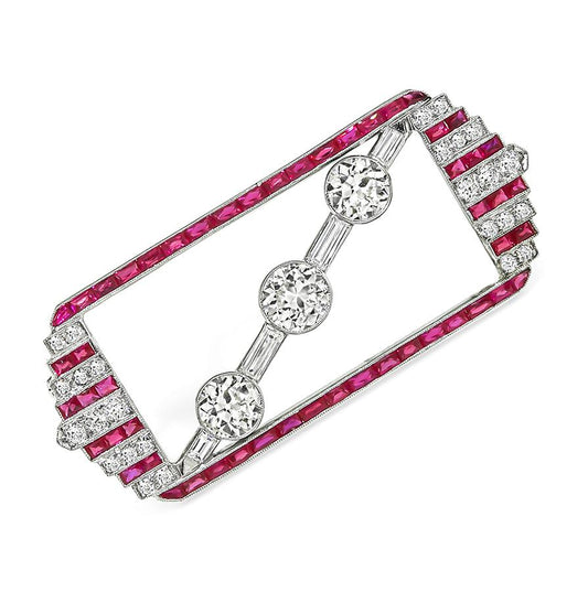 Art Deco 3.70ct Diamond 1.50ct French Cut Ruby Platinum Pin