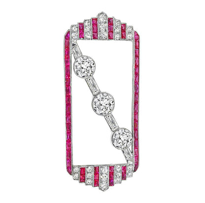 Art Deco 3.70ct Diamond 1.50ct French Cut Ruby Platinum Pin