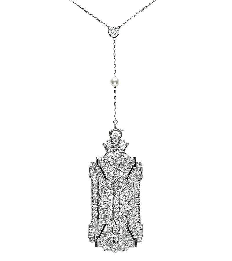 Art Deco 6.50ct Diamond Pearl Onyx Pin / Pendant Necklace