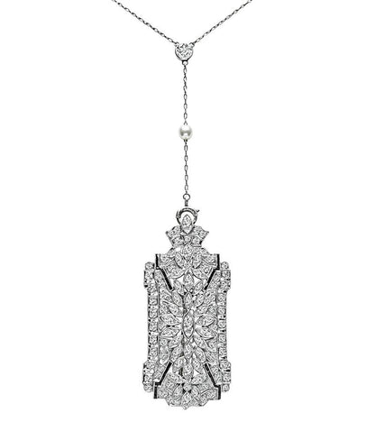 Art Deco 6.50ct Diamond Pearl Onyx Pin / Pendant Necklace