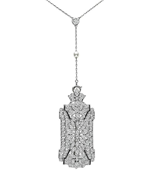 Art Deco 6.50ct Diamond Pearl Onyx Pin / Pendant Necklace