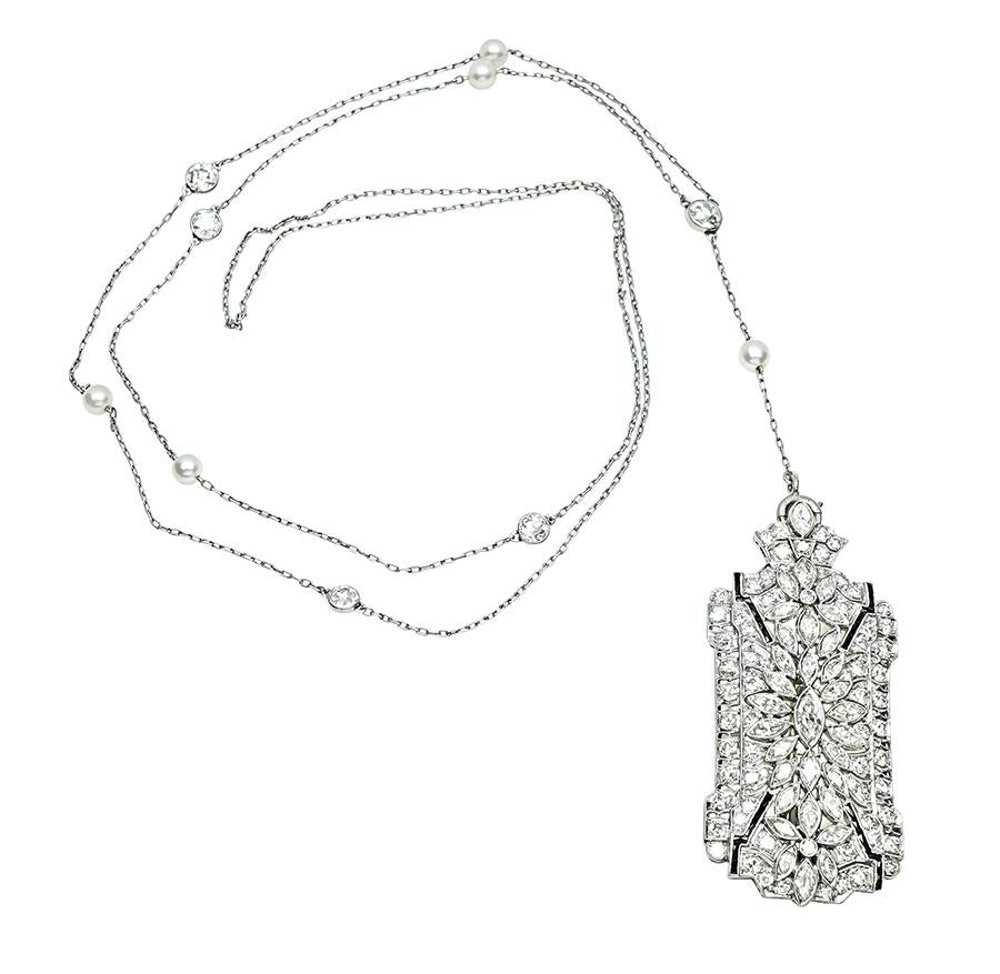 Art Deco 6.50ct Diamond Pearl Onyx Pin / Pendant Necklace