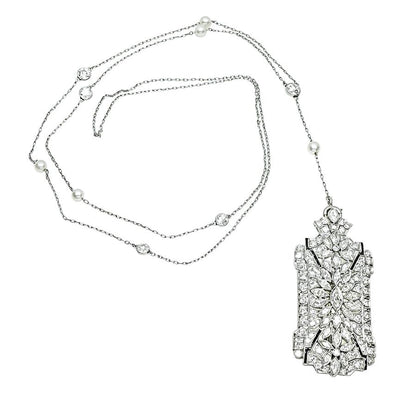 Art Deco 6.50ct Diamond Pearl Onyx Pin / Pendant Necklace