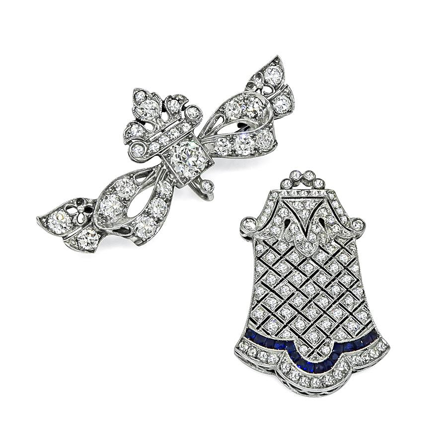 Art Deco 2.80ct Diamond Sapphire Platinum Pin/Pendant