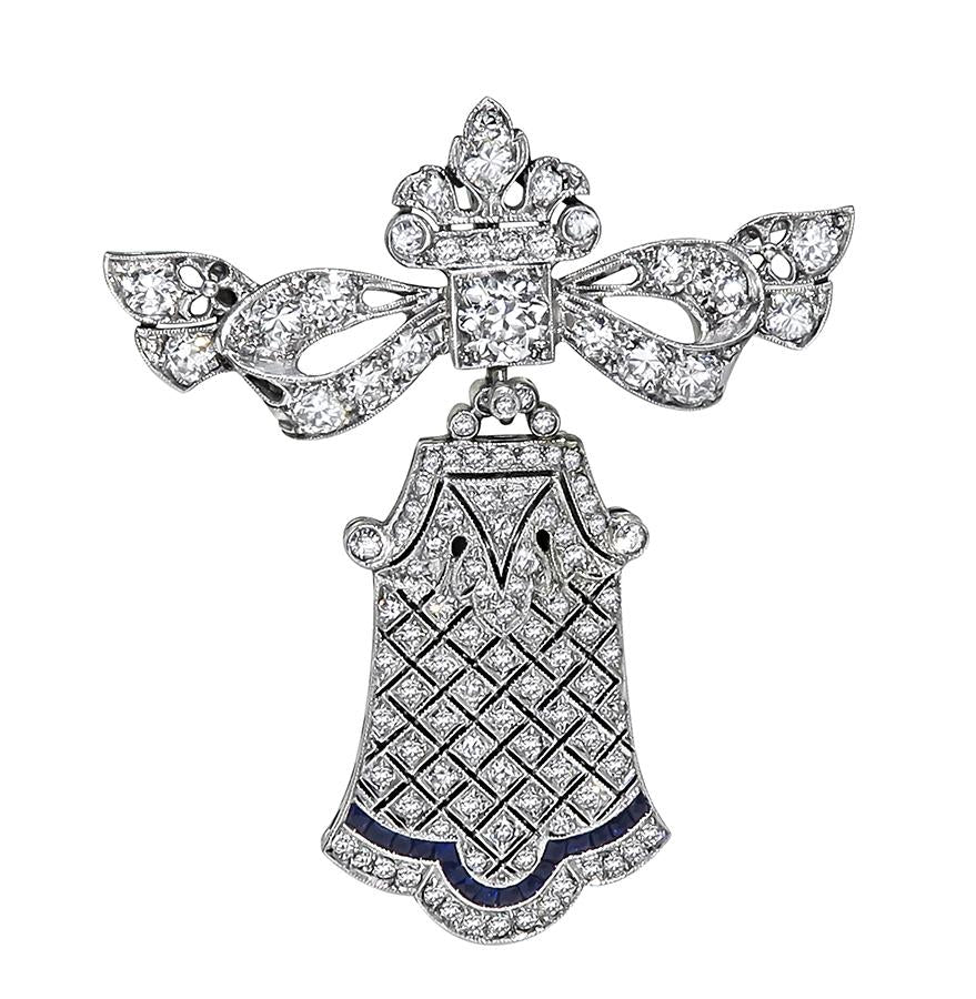 Art Deco 2.80ct Diamond Sapphire Platinum Pin/Pendant