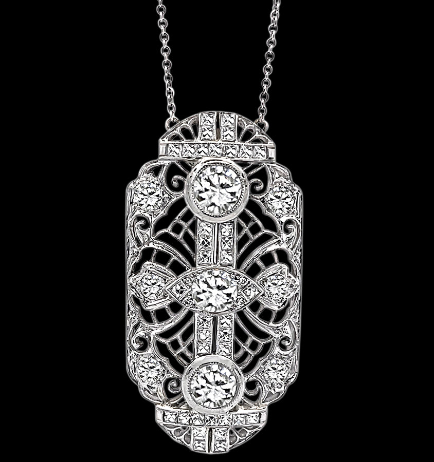 Art Deco GIA 0.61ct and 0.67ct Diamond 1.45ct Side Diamond Pendant Necklace