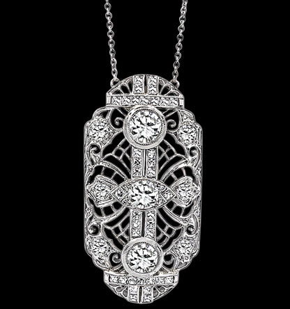 Art Deco GIA 0.61ct and 0.67ct Diamond 1.45ct Side Diamond Pendant Necklace