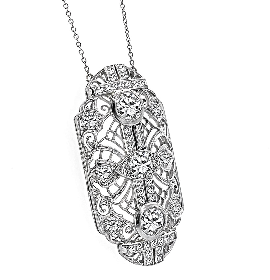 Art Deco GIA 0.61ct and 0.67ct Diamond 1.45ct Side Diamond Pendant Necklace