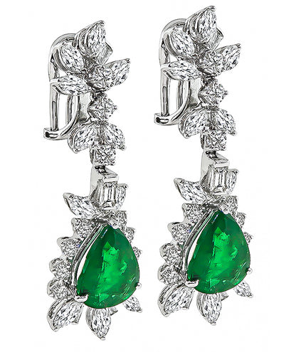 Estate 7.00ct Emerald 4.00ct Diamond Drop Earrings