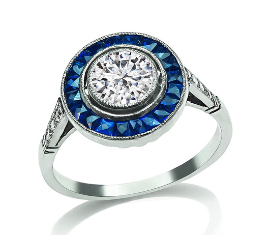 Estate GIA Certified 0.74ct Diamond Sapphire Halo Engagement Ring