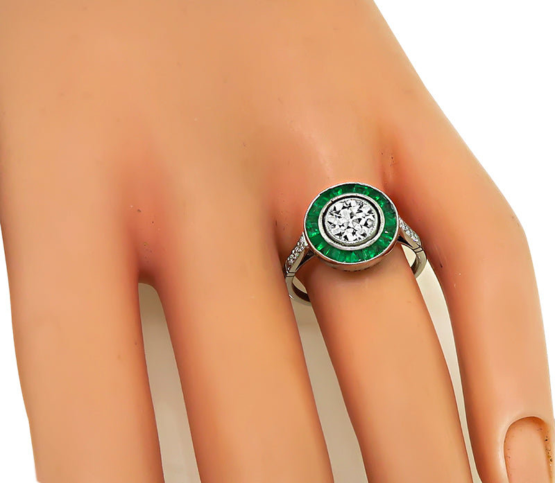 Estate 0.75ct Diamond Emerald Engagement Ring