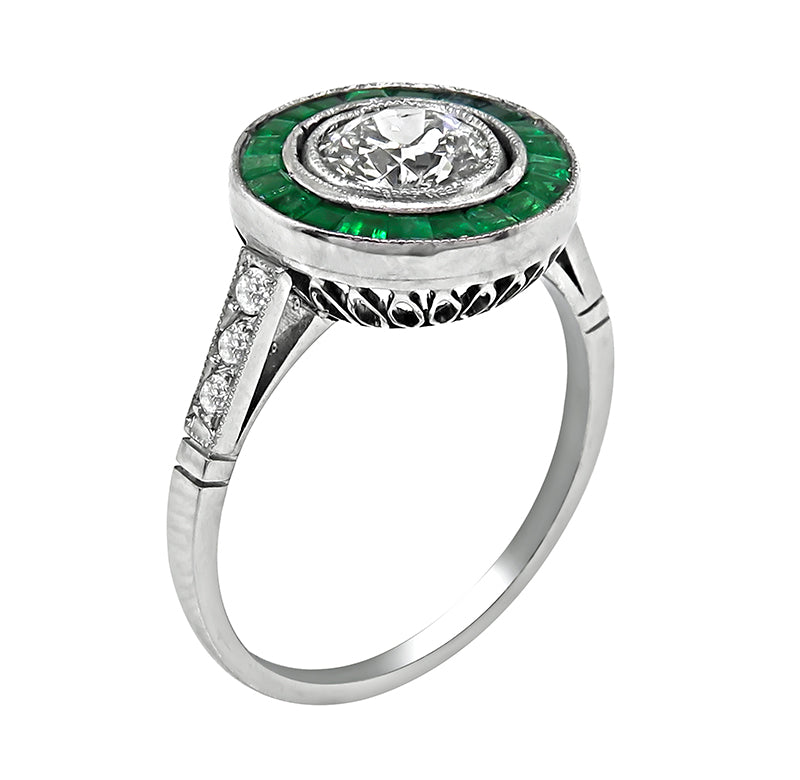 Estate 0.75ct Diamond Emerald Engagement Ring