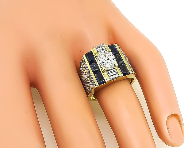 Estate 1.23ct Center Diamond 1.50ct Side Diamond Sapphire Gold Ring