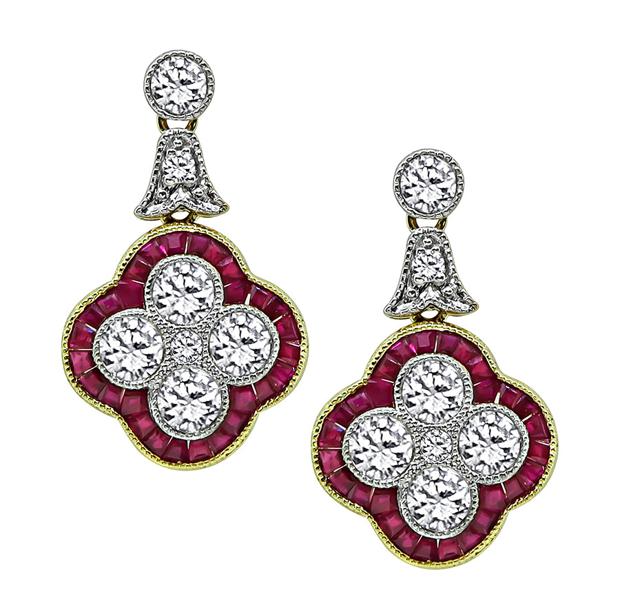 Estate 1.35ct Diamond 1.00ct Ruby Earrings