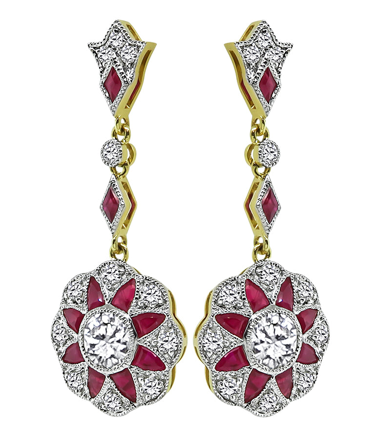 Estate 1.71ct Diamond 1.98ct Ruby Dangling Earrings