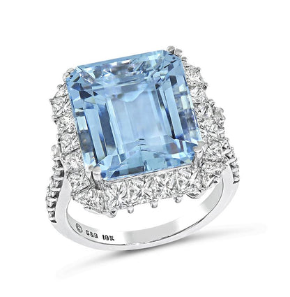 11.00ct Aquamarine 1.90ct Diamond 18k White Gold Ring