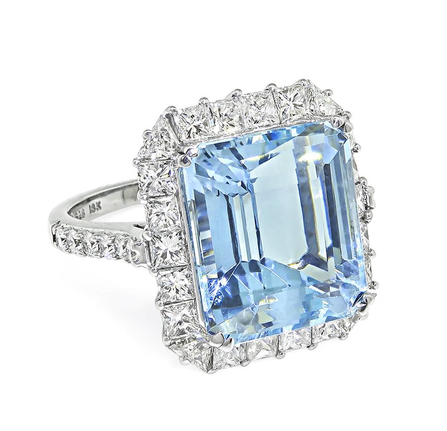 11.00ct Aquamarine 1.90ct Diamond 18k White Gold Ring