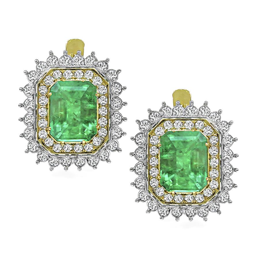 Estate 13.92ct Emerald 4.00ct Diamond 14k White and Yellow Gold Earrings