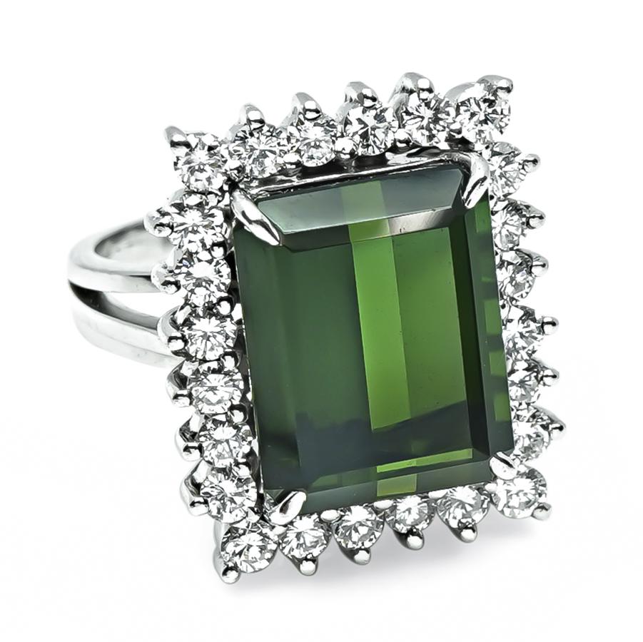 Estate 15.00ct Green Tourmaline 1.25ct Diamond 14k Gold Ring