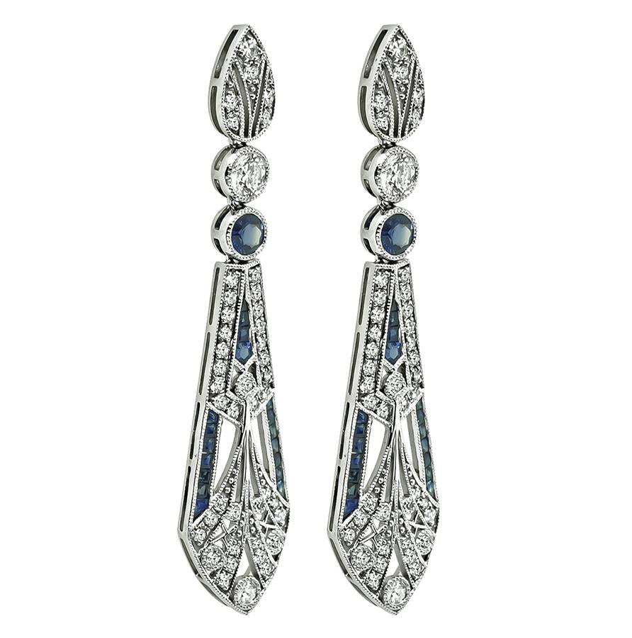 Estate 1.75ct Diamond 1.70ct Sapphire Drop Earrings