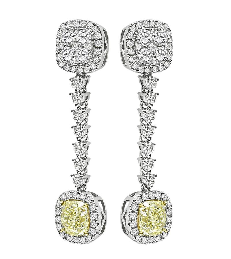 Estate 1.82ct Fancy Yellow Diamond 1.39ct Diamond 14k Gold Drop Earrings